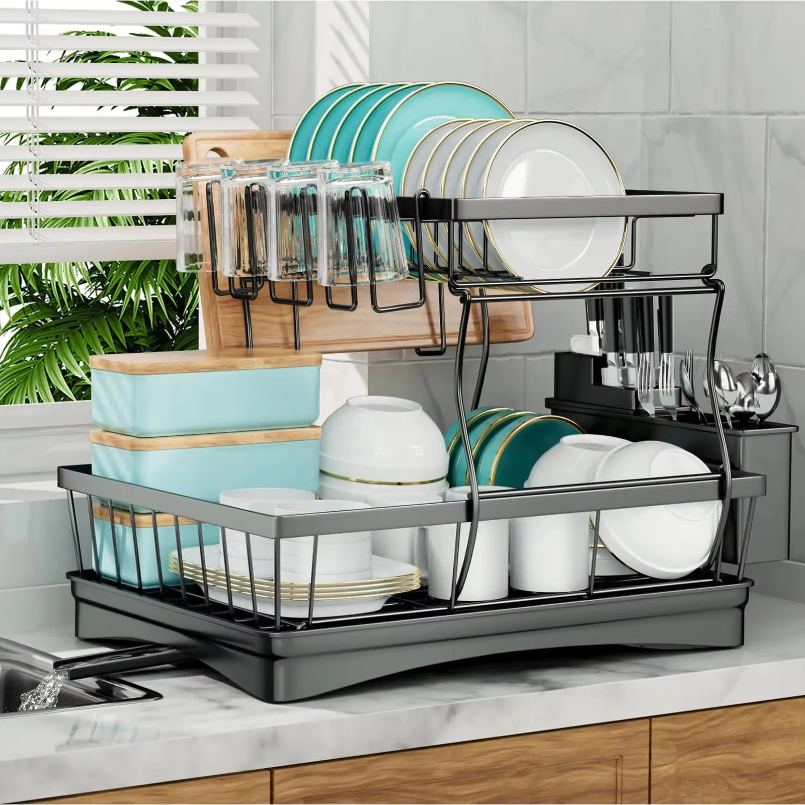 Large 2-tier Dish Drying Rack - Maximize Your Kitchen Space