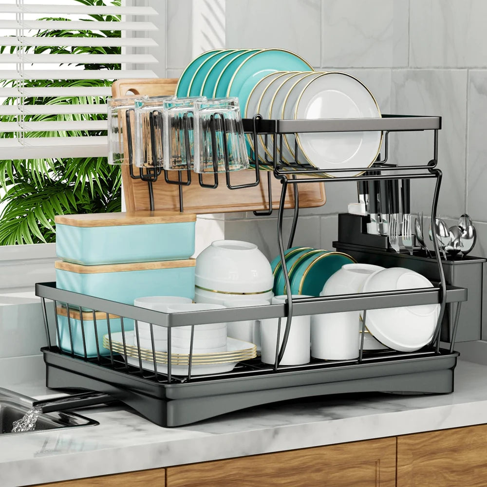 Large 2-tier Dish Drying Rack - Maximize Your Kitchen Space