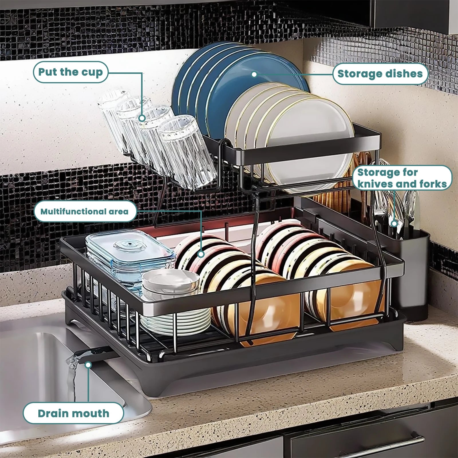 Large 2-tier Dish Drying Rack - Maximize Your Kitchen Space